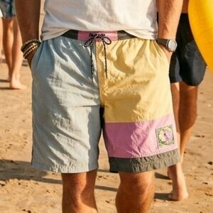 Vintage Summer Club Colorblock Swim Shorts Retro Surf 90s Pastel Medium